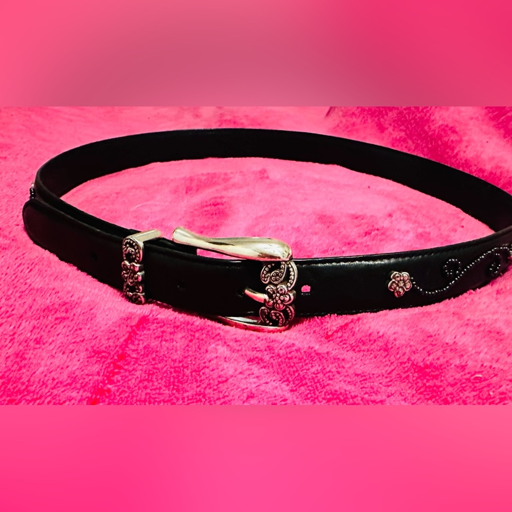 Brighton Black Leather Belt with Silver Floral Studs 36” XL